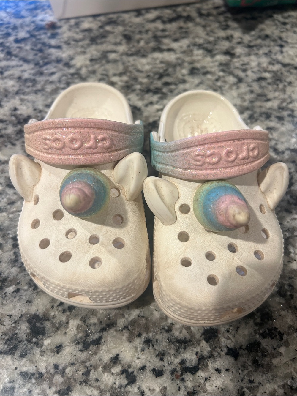 CROCS Kids White Unicorn Clogs with Pastel Pink & Blue Straps